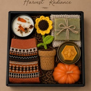 Thanksgiving gift box for women, fall spa gift basket, cozy autumn self care package, pumpkin candle gift set, hostess gift for Thanksgiving dinner, hygge gift box, seasonal relaxation basket, honey soap gift, sunflower crochet decor, cozy socks gift, comfort care package, autumn birthday gift, gift for mom, gift for sister, thinking of you gift, luxury fall gift basket, ready to gift, next day shipping