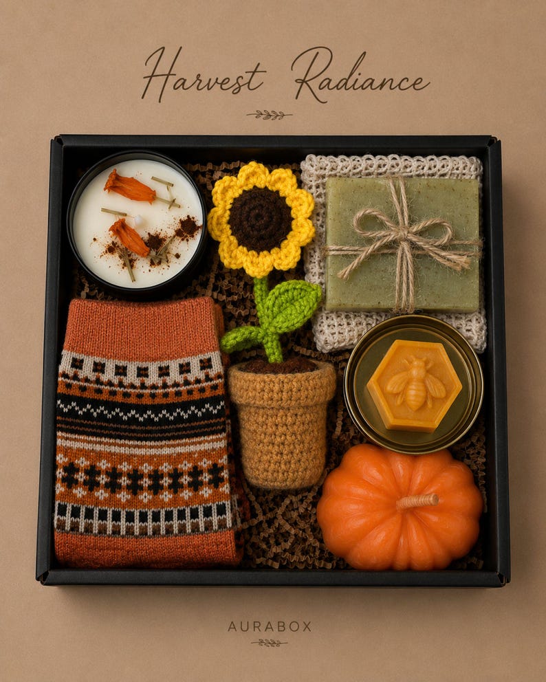Thanksgiving gift box for women, fall spa gift basket, cozy autumn self care package, pumpkin candle gift set, hostess gift for Thanksgiving dinner, hygge gift box, seasonal relaxation basket, honey soap gift, sunflower crochet decor, cozy socks gift, comfort care package, autumn birthday gift, gift for mom, gift for sister, thinking of you gift, luxury fall gift basket, ready to gift, next day shipping