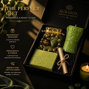 Wealth manifestation gift set with crystal bracelet, tiger eye stone, green aventurine, prosperity candle, handmade soap and intention scroll in black gift box, spiritual abundance ritual kit for attracting money success and positive energy, law of attraction gift for her or him, meaningful crystal gift set for manifestation and personal growth