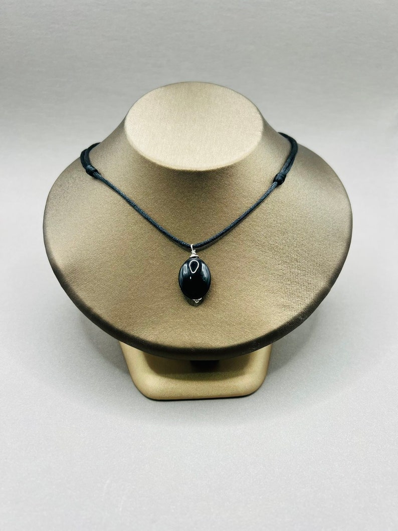 Two Leather Necklace with Oval Obsidian Pendant in Black main image 1