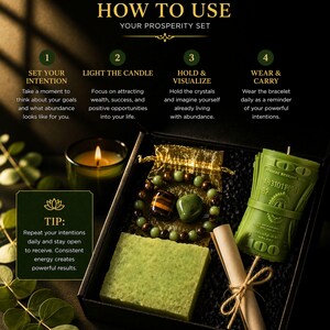 Wealth manifestation gift set with crystal bracelet, tiger eye stone, green aventurine, prosperity candle, handmade soap and intention scroll in black gift box, spiritual abundance ritual kit for attracting money success and positive energy, law of attraction gift for her or him, meaningful crystal gift set for manifestation and personal growth