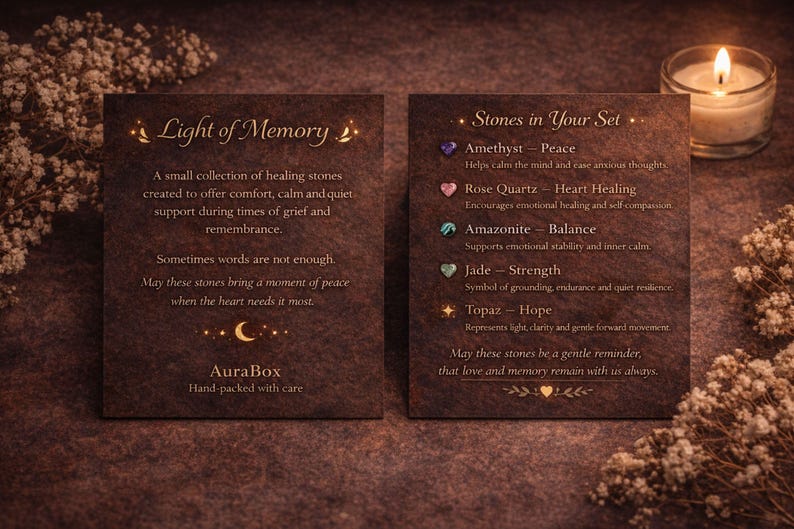 Grief support healing stones set informational cards from AuraBox displayed on a dark warm background with candlelight and dried flowers. The cards explain the meaning of Amethyst, Rose Quartz, Amazonite, Jade and Topaz crystals used for emotional healing, remembrance and comfort during loss. Memorial crystal gift set guide for sympathy, bereavement support and peaceful reflection.