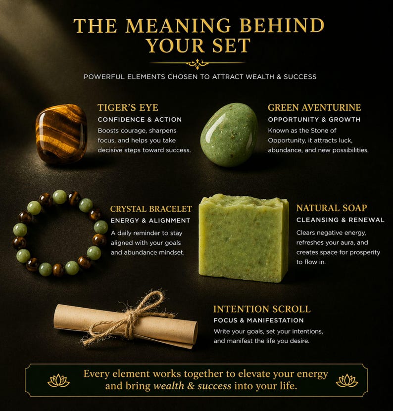 Wealth manifestation gift set with crystal bracelet, tiger eye stone, green aventurine, prosperity candle, handmade soap and intention scroll in black gift box, spiritual abundance ritual kit for attracting money success and positive energy, law of attraction gift for her or him, meaningful crystal gift set for manifestation and personal growth
