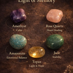Grief support healing stones set informational cards from AuraBox displayed on a dark warm background with candlelight and dried flowers. The cards explain the meaning of Amethyst, Rose Quartz, Amazonite, Jade and Topaz crystals used for emotional healing, remembrance and comfort during loss. Memorial crystal gift set guide for sympathy, bereavement support and peaceful reflection.