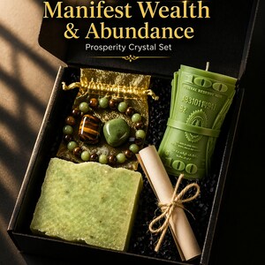Wealth manifestation gift set with crystal bracelet, tiger eye stone, green aventurine, prosperity candle, handmade soap and intention scroll in black gift box, spiritual abundance ritual kit for attracting money success and positive energy, law of attraction gift for her or him, meaningful crystal gift set for manifestation and personal growth