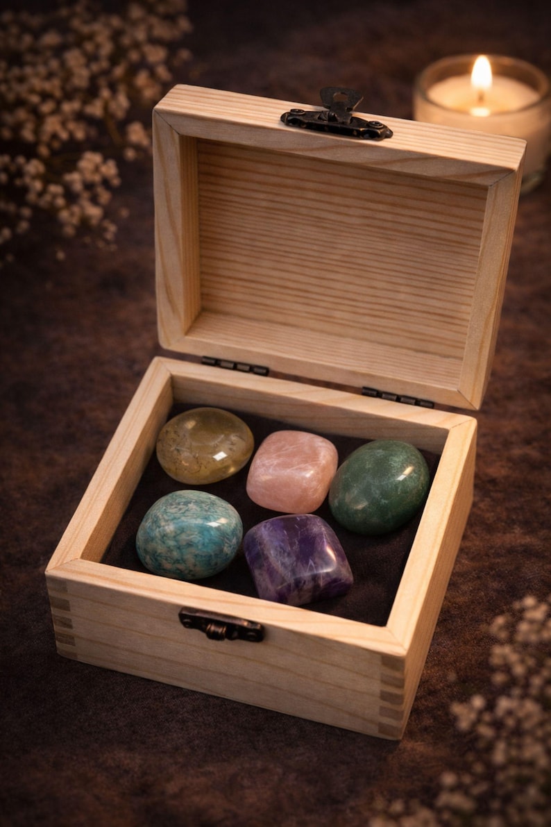 Grief support healing stones set informational cards from AuraBox displayed on a dark warm background with candlelight and dried flowers. The cards explain the meaning of Amethyst, Rose Quartz, Amazonite, Jade and Topaz crystals used for emotional healing, remembrance and comfort during loss. Memorial crystal gift set guide for sympathy, bereavement support and peaceful reflection.