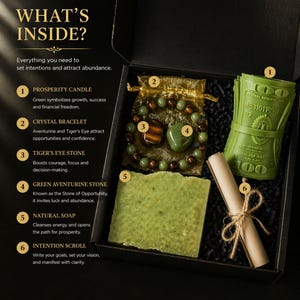 Wealth manifestation gift set with crystal bracelet, tiger eye stone, green aventurine, prosperity candle, handmade soap and intention scroll in black gift box, spiritual abundance ritual kit for attracting money success and positive energy, law of attraction gift for her or him, meaningful crystal gift set for manifestation and personal growth