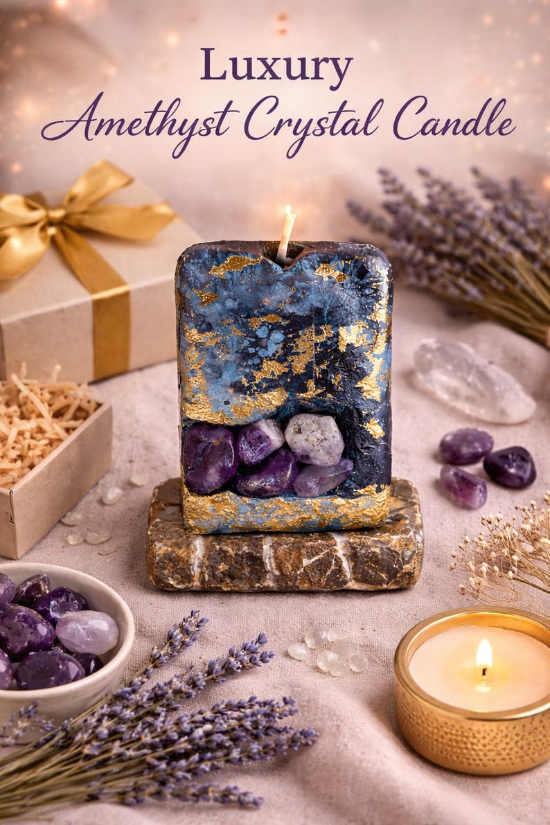 Golden Aura Amethyst Candle, Luxury Crystal Candle Gift, Healing Decor ...