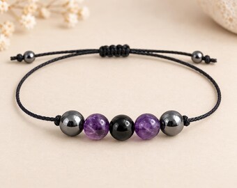 Amethyst Tourmaline Hematite Bracelet, Adjustable Gemstone Bracelet, Protection Crystal Jewelry, Unisex Gift