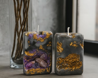 Amethyst Geode Candle Set – Crystal Decor Pillar Duo, Handmade Luxury Candle Gift Box