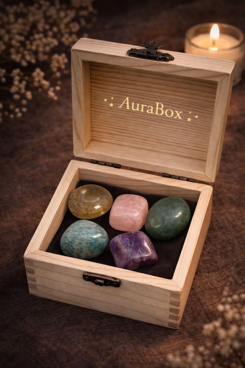 Grief support healing stones set informational cards from AuraBox displayed on a dark warm background with candlelight and dried flowers. The cards explain the meaning of Amethyst, Rose Quartz, Amazonite, Jade and Topaz crystals used for emotional healing, remembrance and comfort during loss. Memorial crystal gift set guide for sympathy, bereavement support and peaceful reflection.