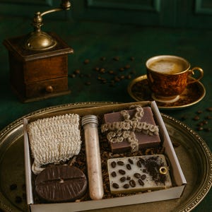 Coffee lover gift box with handmade coffee candle, artisan soap, bath salts and cozy self care items in kraft box, coffee themed spa gift set for women, relaxation gift box, pamper gift, birthday gift, thinking of you gift, small gift box for her, cozy care package, unique coffee inspired present, ready to gift handmade set
