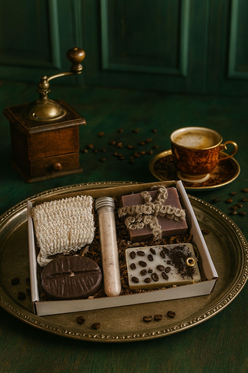 Coffee lover gift box with handmade coffee candle, artisan soap, bath salts and cozy self care items in kraft box, coffee themed spa gift set for women, relaxation gift box, pamper gift, birthday gift, thinking of you gift, small gift box for her, cozy care package, unique coffee inspired present, ready to gift handmade set