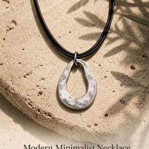 Minimalist Pendant Necklace For Him Abstract Silver Charm Cord Unisex Necklace Modern Jewelry Gift