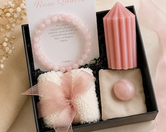 Rose Quartz Gift Box for Her, Birthday Gift for Women, Self Care Gift Set, Girlfriend Gift, Wife Gift, Crystal Wellness Box