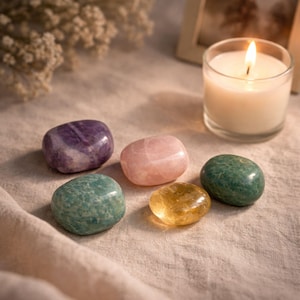 Grief support healing stones set informational cards from AuraBox displayed on a dark warm background with candlelight and dried flowers. The cards explain the meaning of Amethyst, Rose Quartz, Amazonite, Jade and Topaz crystals used for emotional healing, remembrance and comfort during loss. Memorial crystal gift set guide for sympathy, bereavement support and peaceful reflection.