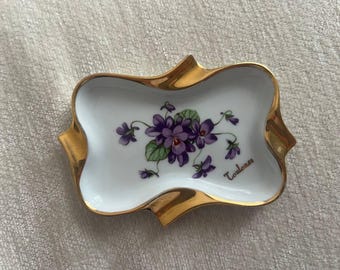 Piatto portagioie vintage in porcellana di Limoges, Francia, con decorazioni dorate a mano, porcellana artistica francese di metà secolo.