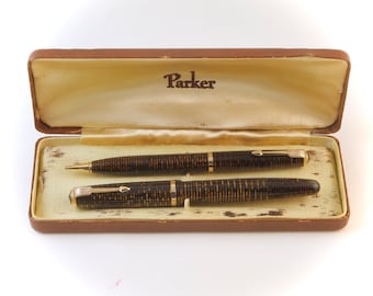 Parker Vacumatic Fountain Pen & Pencil Set - Debutante with 14K Fine Nib - Golden Pearl Color + Case