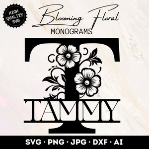 Archivos SVG de monograma de diseño floral en flor, paquete SVG de monograma floral dividido, carta de sublimación PNG, paquete de 26, descarga instantánea