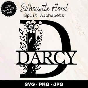 Archivos SVG de monograma floral de silueta, conjunto PNG de monograma de letra dividida, monograma de alfabeto de flores silvestres SVG, paquete de 26, descarga instantánea