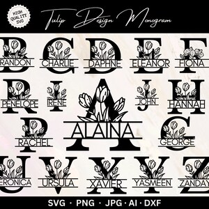Paquete de alfabeto de monograma de diseño de tulipán, conjunto de archivos SVG de monograma de letras divididas, paquete PNG de monograma de flores de tulipán, paquete de 26, descarga instantánea