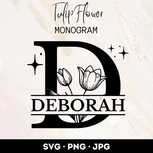 Paquete de archivos SVG de monograma de flor de tulipán, conjunto SVG de letras de ramo de flores, paquete PNG de monograma, diseño de alfabeto, paquete de 26, descarga instantánea