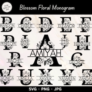 Blossom Flower Monogram SVG Bundle, Spilt Floral Alphabet Monogram PNG Set, Letters Silhouette Monogram Bundle, Pack Of 26, Instant Download