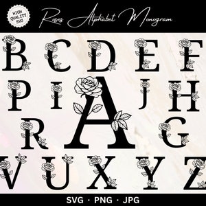Conjunto de archivos SVG monogrsm del alfabeto de flores de rosas, conjunto PNG de letras de monograma, conjunto JPG de monograma de silueta, paquete de 26, descarga instantánea