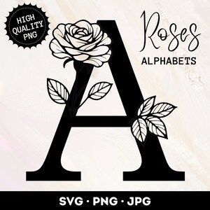 Paquete de archivos SVG de monograma de rosa clásico, ramo de flores SVG, conjunto PNG de letra de monograma, imágenes prediseñadas de rosa premium, paquete de 26, descarga instantánea