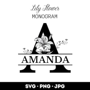Pacote de arquivos SVG de monograma de lírio, monograma de letra dividida SVG, letra floral PNG, monograma de design de alfabeto, pacote de 26, download instantâneo