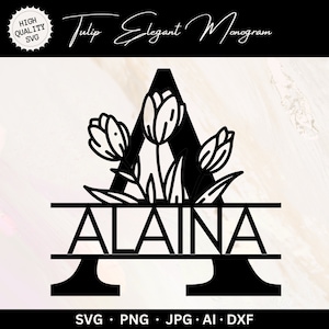Archivos SVG de monograma elegante de tulipán, Conjunto PNG de monograma de tulipán dividido, Conjunto JPG de monograma alfabético de boda, Paquete de 26, Descarga instantánea