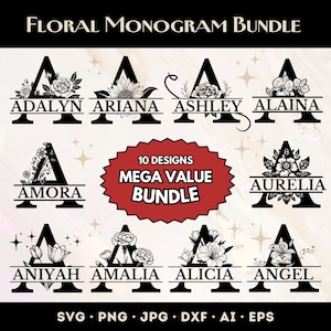 Paquete de alfabetos de monogramas florales, paquete de mega valor, monograma de letras de flores divididas, 10 diseños incluidos, descarga instantánea