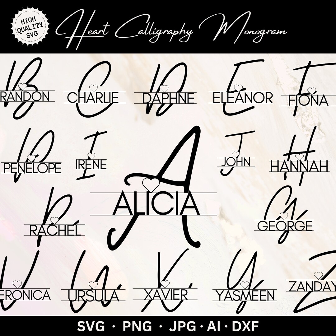 Heart Calligraphy Monogram Bundle, Alphabet Monogram PNG Set, Heart ...