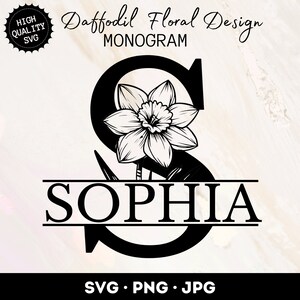 Archivos SVG de monograma dividido de narciso, monograma de letras florales SVG, monograma de boda PNG, diseño de monograma de narciso, paquete de 26, descarga instantánea