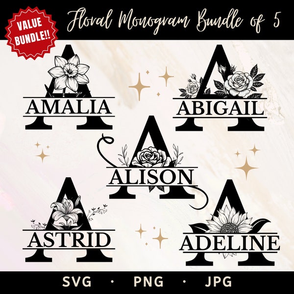 Lot de fichiers SVG monogramme floral, ensemble SVG Alphabet floral, renversé monogramme PNG, lot de 05 ensembles monogrammes, téléchargement immédiat