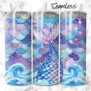 Mermaid Tumbler Sublimation Wrap 20oz, PNG, Digital Download Only, Glitter, Purple, Teal, Gold, 3D Pastel Mermaid Scale Pattern, Seamless