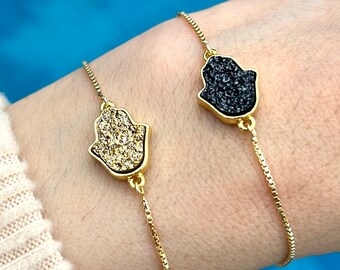 18K Gold Plated Adjustable Hamsa Charm Slider Bracelets