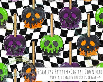 Halloween Candy Apples Seamless Pattern, spooky haunted poison apples on retro checker print background seamless file digital paper