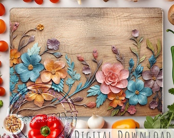 Carved Flowers on Wood Glass Sublimation Cutting Board Design, large template png spring pastel kitchen decor, print on demand download file