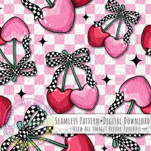 Heart Cherries Seamless Pattern, Coquette Bow on Retro Checker Print Valentine's Day Digital Paper for Fabric & Crafts