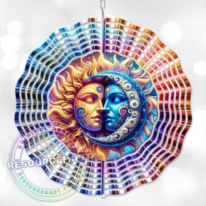 3d Celestial Wind Spinner Sublimation Design, digital download, 10 inch png, sun & moon colorful astrology outdoor garden yard decor