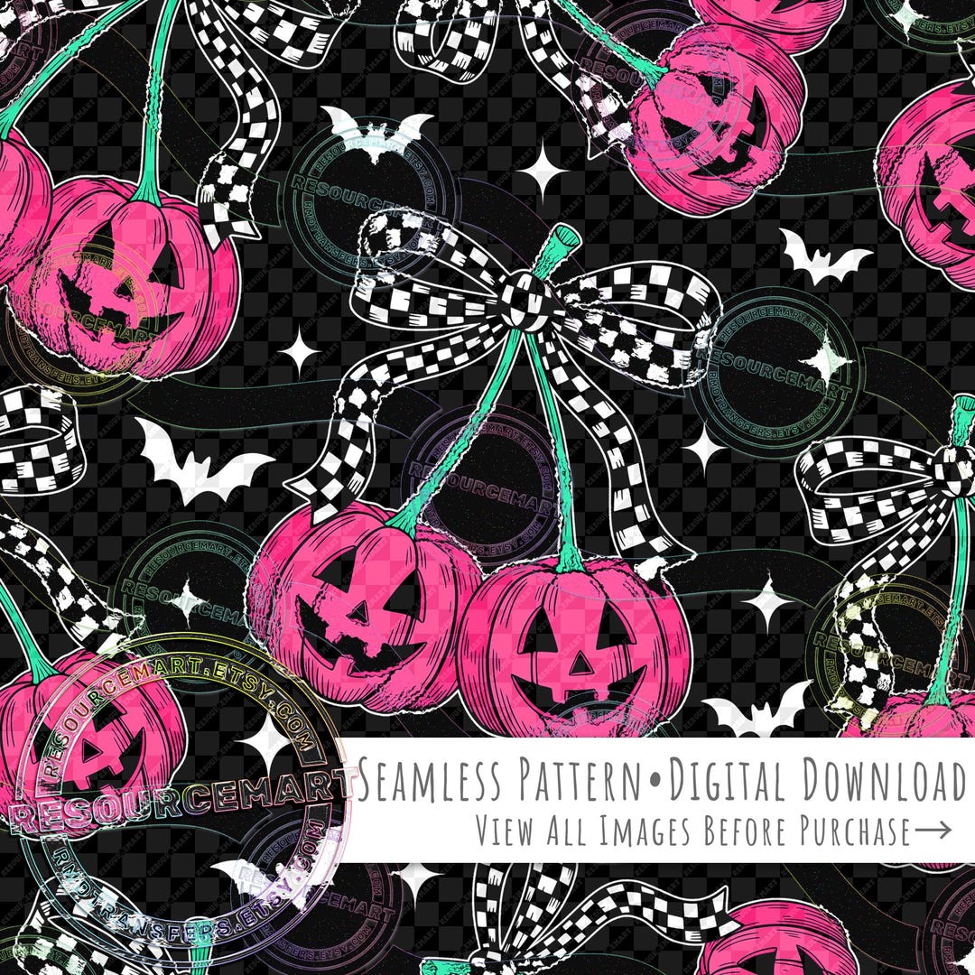 Pumpkin Cherries With Checker Bows Seamless Pattern, Retro Pink Black ...
