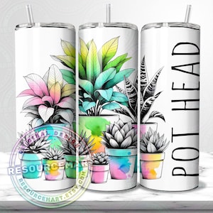 Diseño envolvente para vaso con forma de cabeza de maceta, plantilla de sublimación de 20 oz, delgada, recta y cónica, vaso de planta de interior de neón colorido de 20 oz, divertido png