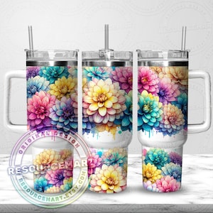 Colorful Dahlias 40oz Tumbler Wrap Design, 40 ounce stanley cup stanley quencher sublimation press 40 oz handle travel cup floral summer png