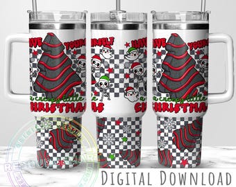 Creepy Little Christmas 40oz Sublimation Tumbler Wrap PNG, Funny Goth Christmas Tree Cake with Skeletons & Ghosts, Retro Stanley Design
