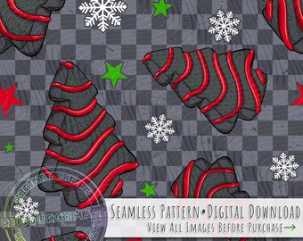 Creepy Little Christmas Seamless Pattern, Goth Checker Print with Xmas Tree Cake Skeletons and Ghosts, Dark Grunge Retro Checker Print