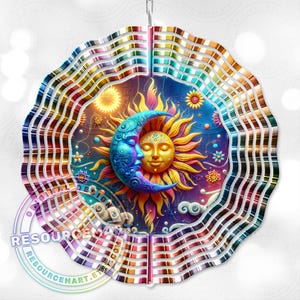 3d Celestial Wind Spinner Sublimation Design, digital download, 10 inch png, sun & moon colorful astrology outdoor garden yard decor
