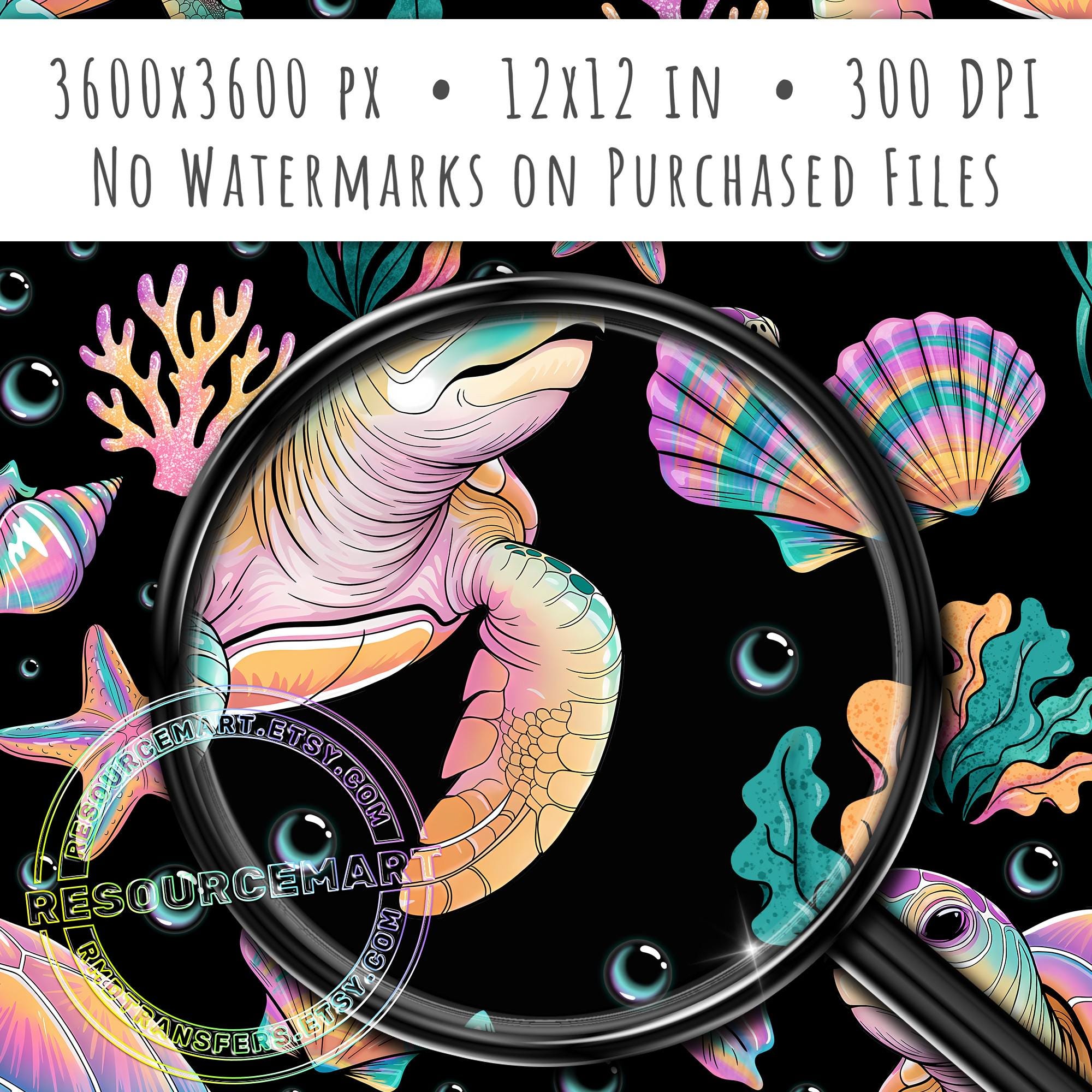 Sea Turtle Seamless Pattern, Pink & Turquoise Beach Seashells Digital ...