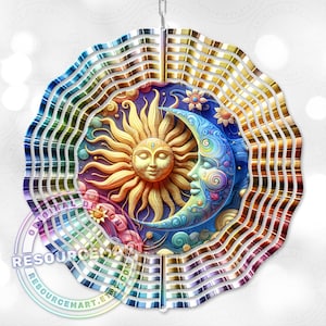 3d Celestial Wind Spinner Sublimation Design, digital download, 10 inch png, sun & moon colorful astrology outdoor garden yard decor