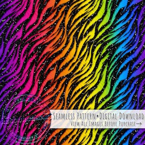 K&ouml;nnte beinhalten: Ein lebendiges, nahtloses Muster mit einem Regenbogen-Zebramuster-Design. Die Streifen verlaufen durch Farbt&ouml;ne von Rosa, Orange, Gelb, Gr&uuml;n und Blau auf einem schwarzen, glitzernden Hintergrund. Der Text "SEAMLESS PATTERN &bull; DIGITAL DOWNLOAD" ist sichtbar.